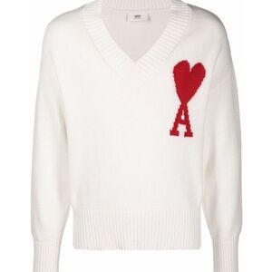 Ami de Coeur V-Neck Sweater with Red Heart Accent